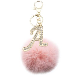 Xsclpomddy Pom Pom Keychain Artificial Fur Ball with Rhinestone Alphabet Letter Keychains for Car Key Rings,skin pink A