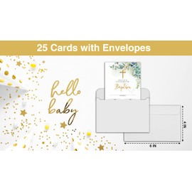 Baptism Invitations with Envelopes, Watercolor Greenery Baby Shower Invites Cards, Gold Foil First Communion Invitation, Gender Reveal Party Decorations,A03(25 Pack)