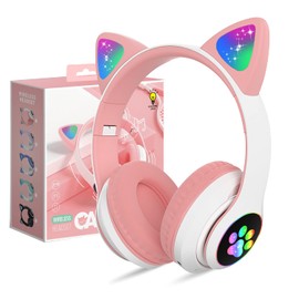 OHAANYY Bluetooth kopfhörer Kinder,Mädchen Katzenohr Kopfhörer Over Ear mit LED licht Faltbare Stereo Kopfhörer Bluetooth,Kabellose Kopfhörer Kinder mit Mikrofon für Tablet/Handy/PC (Rosa)