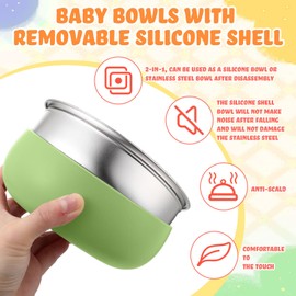 Nuogo 4 Pcs 304 Stainless Steel Baby Bowls with Removable Silicone Shell Toddler Bowls Kids Anti Scald Snack Container for Food Feeding, Dishwasher Safe (Classic Color)