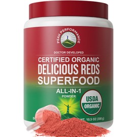 Peak Performance Organic Reds Superfood Powder, Best Tasting Organic Red Juice Super Food w/ 25+ All Natural Ingredients & Polyphenols, Vital for Max Energy and Detox. Raspberry, Elderberry, Beetroot