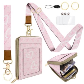 LAOTANGJIA ID Badge Holder with Lanyard Leather with 1 Zip Pocket and 3 Card Slots Keychain Phone Lanyard Wrist Strap, RFID Blocking, for Office School Business Security Staff Women-Polka Dot Bow