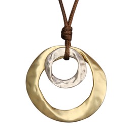 Popeoiuh Boho Leather Necklace for Women Men Bohemian Vintage Gold Silver Double Circles Pendant Necklace with Brown Leather Chain, Large