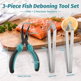 Fish Pin Bone Pliers & Tweezers Set, 3-Piece Deboning Tools for All Seafood Serrated Fish Bone Pliers with Flat and Angled Tweezers, Food-Grade Stainless Steel Pin Bone Remover Tool for Salmon & Trout