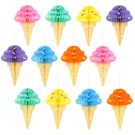 Whaline 12Pcs Summer Ice Cream Hanging Honeycomb Balls 6 Colors Sundae Paper Ceiling Decorations Tissue Paper with Confetti Stickers for Birthday Baby Shower Party Favor