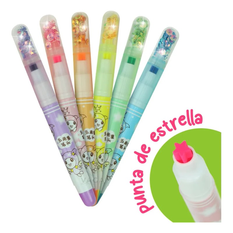 6 Marcatextos Resaltador Con Punta Estrella Kawaii