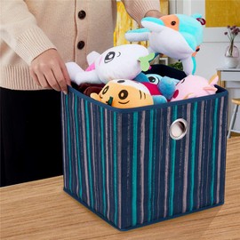 Fabric Cube Storage Bins Teal Stripes 11x11x 11 Print Blue Storage Cubes Baskets Foldable Cloth Storage Cube Boxes Collapsible Inserts Cube Storage Organizer Drawer for Cubes Shelves Closet ,QY-SC17-3