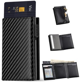 DQST Cartera para Caballero, Tarjetero Hombre de Cuero, RFID Bloqueo Antirrobo, Ideal como Regalo para Hombre (Fibra de Carbono Negro)