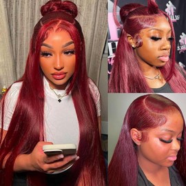 ANDRIA 13X4 HD Lace Front Wigs Burgundy Straight Hair Glueless Lace Wigs 200% Density Wine Red Long Straight Natural Wig Pre Plucked Lace Frontal Wigs With Baby Hair For Black Women 32 Inches