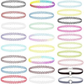 KUIZHEN Elastic Necklace, 26 Pieces Choker Necklace, Tattoo Chain, Elastic Stretchy Tattoo Choker, Stretch Choker Chain Set, Fashion Jewellery for Women, Colourful Tattoo Necklace, Plastic