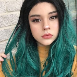 Kalisa Green Synthetic Wig Long Wavy Black Omber Green Free Part Lace Front Wig Pre Plucked Green Body Wave Wig Heat Resistance Fiber Daily Use Makeup Wigs for Girls Women 24 Inch