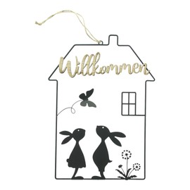 FRANK FLECHTWAREN Rabbit in the House Welcome Metal Matt Black Wood Jute Dimensions: 21 x 28 cm