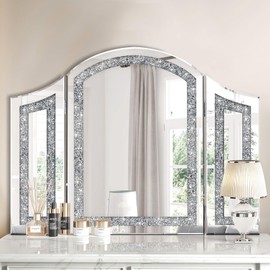 GA Home Modern Trifold Mirror with Crushed Diamond Inlay, 32 x 24 Inch Silver Vanity Mirror for Bedroom, Bathroom, Glam Mirrors for Wall Decor Entryway Fireplace Mantel
