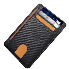 Billetera delgada minimalista de cuero con protección RFID para hombre y mujer, Tarjetero delgado elegante y moderno para oficina, negocios, viajes, tarjetero con textura de fibra de carbono negra