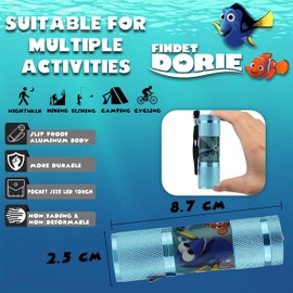 2Pk - Silver and Light Blue 9 LED Aluminium Torches, Minnie Mouse and Finding Dory Pocket Torches, 8.7cm Flashlight for Camping, Perfect for Kids Girls 3+Y