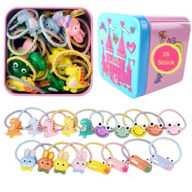 Hair Bobbles for Girls in a Metal Box, Small Hair Ties, Kids Hair Accessories, Thin Hair Bands, Elastic Hair Bands with Cute Cartoon Figures (25 Pieces Crystal Animals with Metal Box)