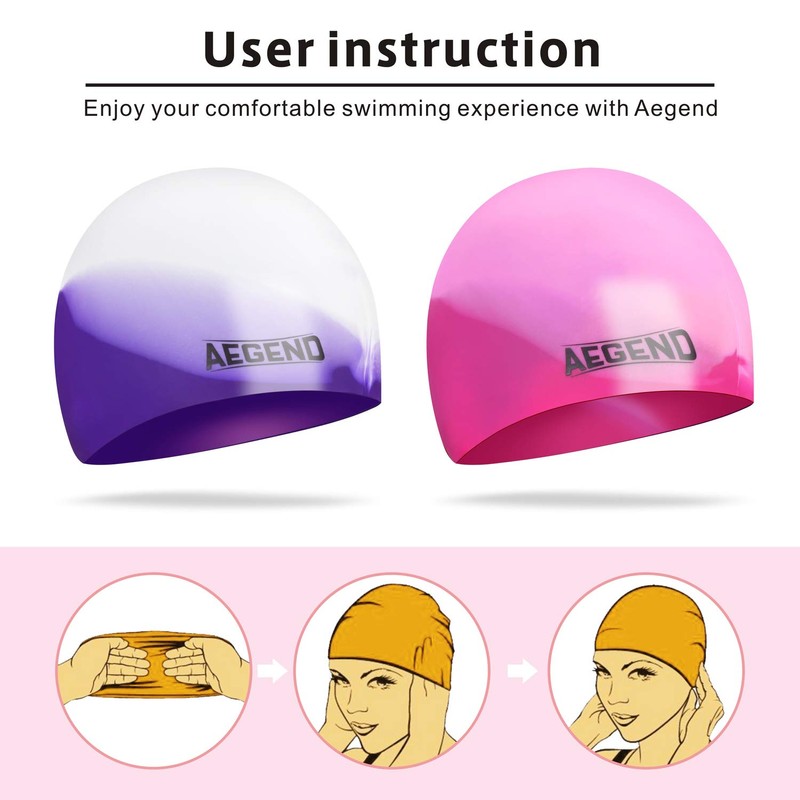 Aegend Kids Swim Cap (Age 8-12), 2 Pack, Purple &