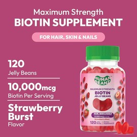 Biotin Jelly Bean Gummies 10,000mcg – Max Strength Hair, Skin & Nails Support – Hair Growth Vitamins for Men & Women, 120 Strawberry Blast, Kosher