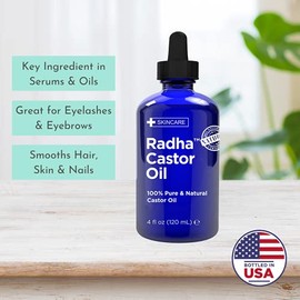 Aceite de ricino Radha Beauty (4 onzas) 100% puro, prensado en frío, sin hexano, estimula el crecimiento para pestañas, cejas, cabello. Suero de crecimiento de pestañas. Tratamiento de cejas