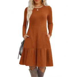 Zeagoo Ladies Long Sleeve Autumn Dresses with Pockets Crew Neck Knee Length Ribbed Knit Sweater Dress Trendy Flowy Tunic Dress 2025 Caramel Color M