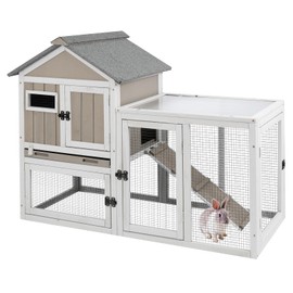 Gowoodhut 46.5" L Rabbit Hutch Indoor Outdoor Rabbit Cage with Run, Pull Out Tray, Asphalt Roof Large 2 Story Bunny Hutch Wooden Chicken Coop Guinea Pigs Pet House Cage for Small Animals,Grey