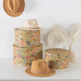 Soul & Lane Botanica Bliss Gold Round Hat Boxes with Lids - Set of 3: Nesting Cardboard Hat Storage, Boho Floral Print Cases, Stacking Circle Decorative Keepsake Boxes