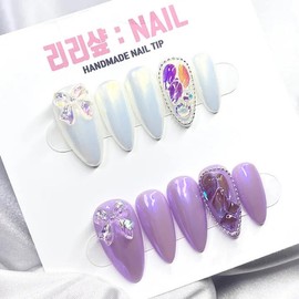 Ice Ribbon Full Stone Handmade Nail Tips - Color 1 - White / 얼음 리본 풀스톤 수제네일팁 - 컬러 1 - 화이트