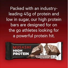 MUSASHI High Protein Bar, 45g Protein, 2g Total Sugars, Milk Chocolate Brownie, Post Workout and Protein Snack On The Go, 12 Pack of 3.2oz (90g) Bars