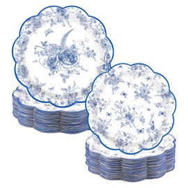 Grencian 100Pcs Blue Floral Plates 9" and 7" Large Scalloped Blue and White Floral Plates Disposable Heavy Duty Vintage Flower Dessert Platters for Wedding Bridal Shower Decorations Tea Party Supplies