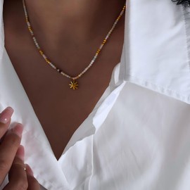 ALRNBY Colorful Beaded Gemstone Neckelace for Women Natural Stone Tiger Eye Choker Freshwater Pearl Necklace Rainbow Stone Necklace Pink Crystal Boho Bead Choker Necklace Charm Jewelry