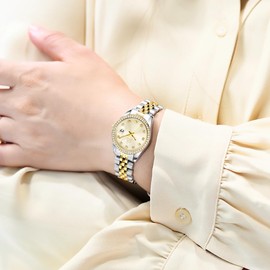 SHENGKE Women's Crystal Accented with Solid Alloy Steel Band Watch Elegant Dress Quartz Calendar Watches for Women (Silver-Gold)