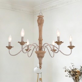 GOMUNIN French Country Chandelier 6 Light Farmhouse Chandeliers Light Fixture 27'' Retro Rustic Distressed Wood Chandelier for Bedroom, Kitchen Island, Living Room, Dining Room, Entryway, Foyer, E12