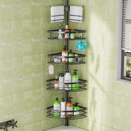 Dicasser Corner Shower Caddy - Tension Pole Rod Organizer, Floor to Ceiling 20-113 inch, Adjustable Towel Rack Waterproof Rustproof, Black