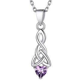 925 Sterling Silver Heart Necklace, Purple Amethyst Crystal Birth Stone Necklesses Dainty Cute Celtic Knot February Birthstone Necklaces for Women