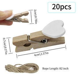 Feelorna Pack of 20 Mini Wooden Pegs, Mini Heart Clothes Pegs with 2 Metre Jute Cord, Mini Wooden Clothes Pegs for Photos DIY Photo Wall and Wedding Party Decoration (White)