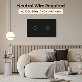 LOUYSGEN WiFi Smart Touch Light Switch, 2-Button Single-Gang Wall Switch, 110–220V 50/60Hz, Neutral Wire Required, 2.4GHz Tuya/Smart Life, Works with Alexa, Glass Panel, Black