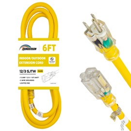 HONDERSON Indoor Outdoor Extension Cord Weatherproof with Lighted End, UL Listed, 12 Gauge 6FT Yellow 3 Prong Heavy Duty, 12/3 SJTW 15A Power Cord for Outdoor Lights, Lawn