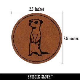 Curious Standing African Meerkat Round Iron-On Engraved Faux Leather Patch Applique - 2.5 Inch - Brown
