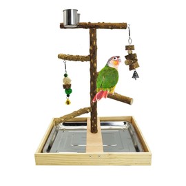 Tfwadmx Bird Perch Natural Wood Stand Toy Parrot Play Stand Platform Bird Cage with Removable Tray and 2 Stainless Steel Cups for Parakeets Canaries Cockatiels Conure Lovebirds