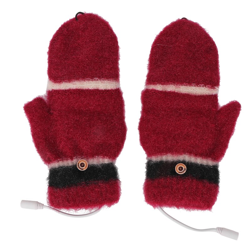 USB Heated Gloves Half Fingerless Flip Burgundy Double Sided Knit