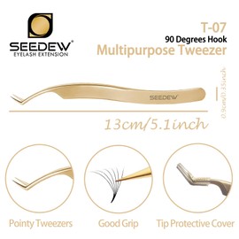 SEEDEW Tweezer Eyelash Extensions 1 PCS Stainless Steel 45 Degree Pointy Hook Multipurpose Tweezer Isolation Professional Precision Supplies Application Tools for Lash Tech Artist Beginner(Golden)