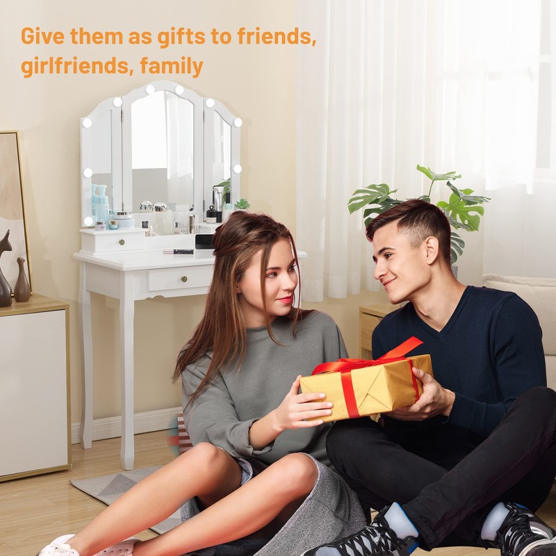 Makeup Vanity Desk with Lighted Mirror, Tri-Fold Vanity Table with