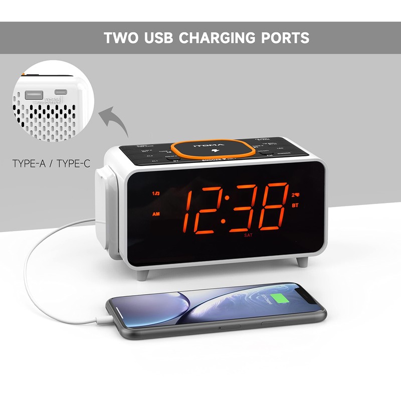 Dual Wireless Charging Alarm Clock Radio with Bluetooth Speaker, Digital