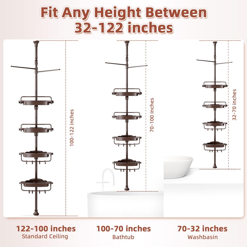 32-122inch Corner Shower Caddy Tension Pole Brown, Rustproof Drill-Free Shower