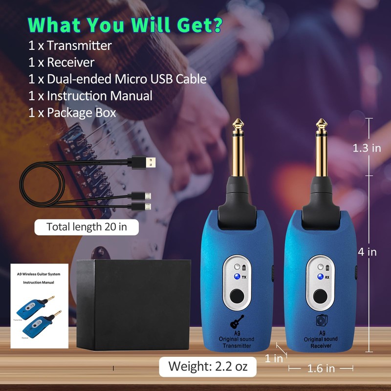A9 Wireless Guitar System - 2.4GHz Guitar Accessories Transmitter Receiver,