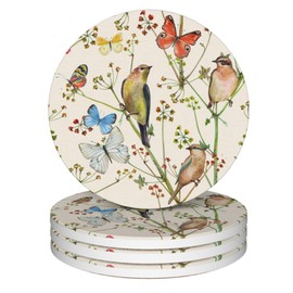 Coasters for Drinks,Vintage Birds and Butterflies Absorbent Coaster Set of 4 with Cork Base,Ceramic Drink Coasters for Cold Drinks Wine Glasses Cups Mugs,Housewarming Gifts for Home Decor
