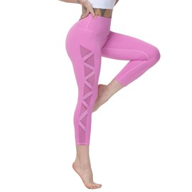 romansong Women's Mesh Tummy Control Butt Lifting Leggings Skinny High Waist Running Yoga Leggings Capri with Pocket(Pink,Medium)