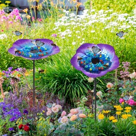 Tandefio 2 Pack Bee Watering Station Metal Butterfly Water Feeder Cup with 60 Colorful Glass Marble Vivid Flower Butterfly Bee Bath Bowl for Outdoor Garden Yard Decor(Blue Purple)