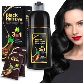MEIDU Hair Dye Shampoo 3 in 1,Herbal Ingredients,Contains Ginseng Extract,Can cover gray hairs,Natural Haircoloring,Plant Haircare,black hairdye,Salon:_Black+2Hair Mask