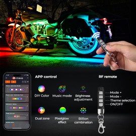 8Pcs Motorcycle Led Underglow Kit with Brake Turn Signal, Motorcycle RGB Lights with DITRIO APP/RF Remote Control, Dual Zone,12V Waterproof Pixelglow Effects for Motorcycles, Golf Carts, ATVs, UTVs